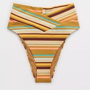 Aerie • NWT Yellow and Brown Blue Striped Bikini Bottom High Cut Cheeky
